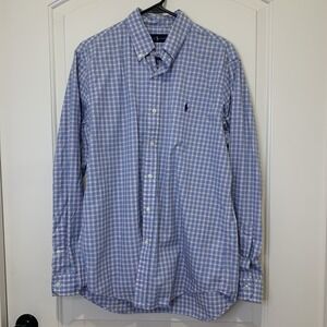 Ralph Lauren Button Up Shirt Men M 100% Cotton Blue Pink Plaid Preppy
